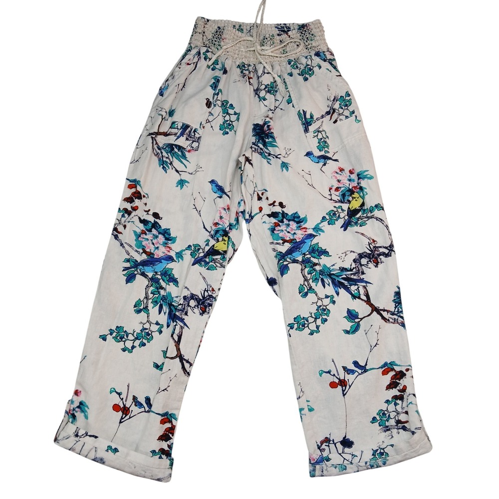 Westbound Women Linen Blend Bird Floral Print Smocked Waist Pants White Size M